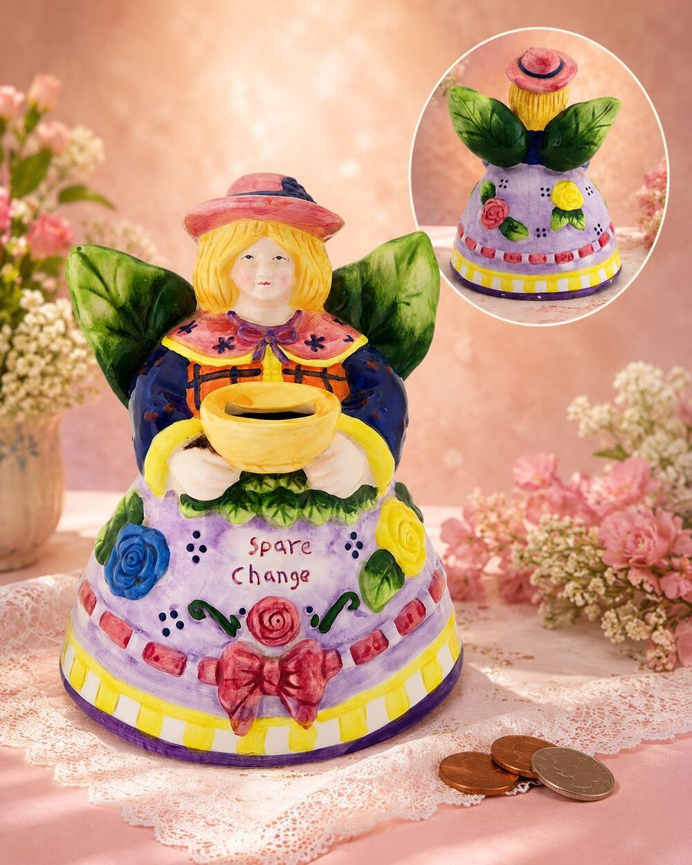 Vintage Hand Painted Ceramic Angel Fairy Spare Change Coin Bank Floral 7.5"